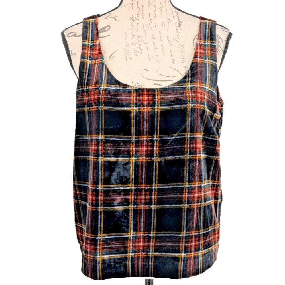 J. CREW Velour Tank Top SIZE 8 Black Multi Plaid Preppy Academia Lined